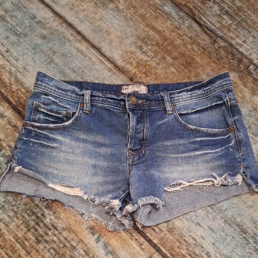 Free People Blue Distressed Denim Jean Shorts